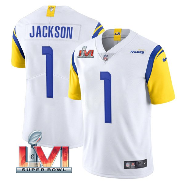 Men's Los Angeles Rams #1 DeSean Jackson 2022 White Super Bowl LVI Vapor Limited Stitched Jersey Men's Los Angeles Rams #1 DeSean Jackson 2022 White Super Bowl LVI Vapor Limited Stitched Jersey